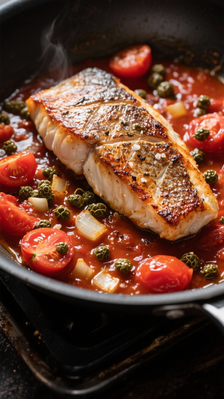 45-degree action-in-pan shot: Skin-on snapper fillets searing until shatteringly crispy, skin crackled and lifted. In the same pan, a glossy tomato-caper pan sauce with halved cherry tomatoes, finely chopped shallot, and minced garlic simmering around the fish. Kosher salt and black pepper visible, olive oil sheen, bright red tomatoes, briny capers dotted throughout, dramatic side lighting.