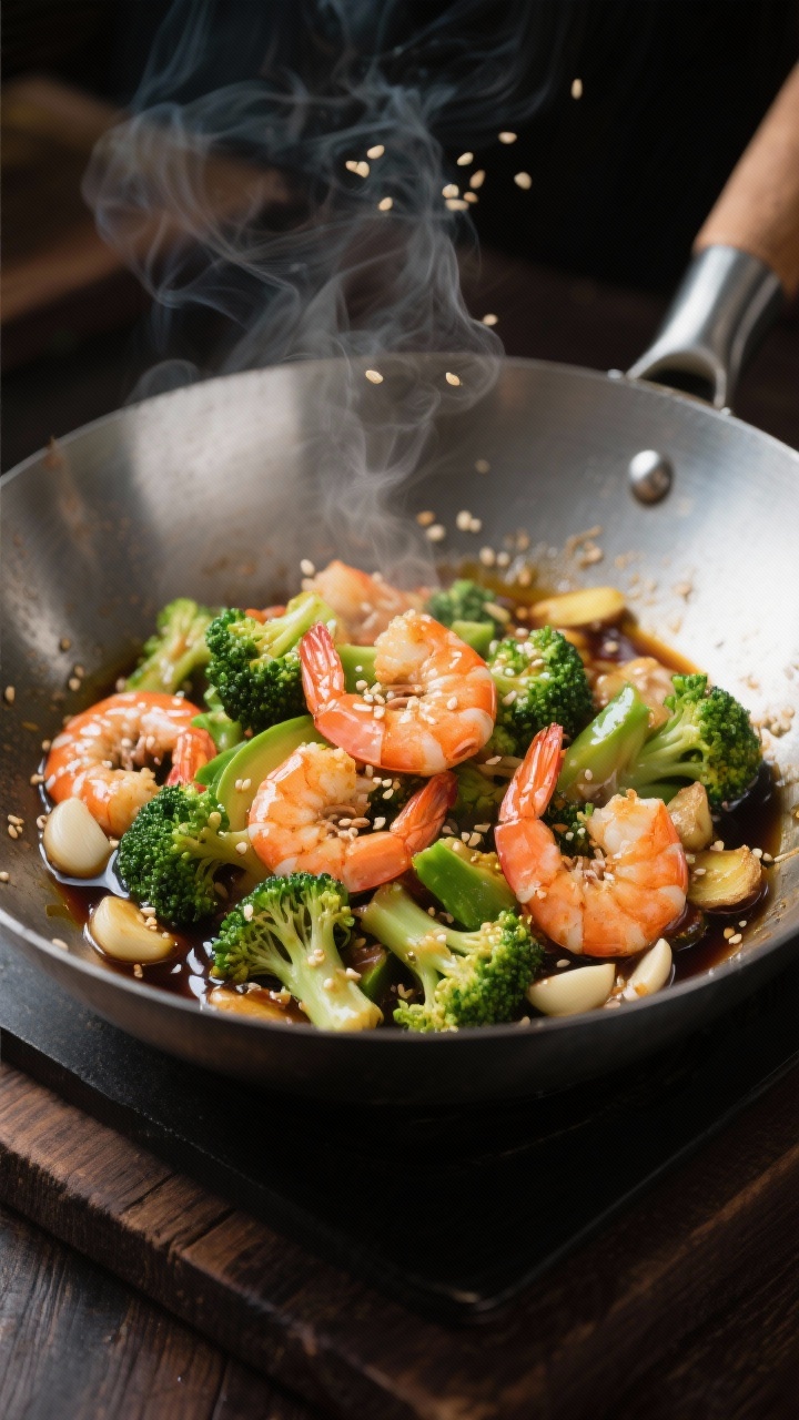 45-degree action shot of garlicky shrimp and broccoli stir-fry in a stainless wok: large shrimp just turning pink tossed with vivid broccoli florets, minced garlic and freshly grated ginger sizzling in avocado oil; steam rising, glossy low-sodium soy sauce glaze clinging to shrimp, sesame seeds optional garnish, set on a dark wood counter for weeknight speed.