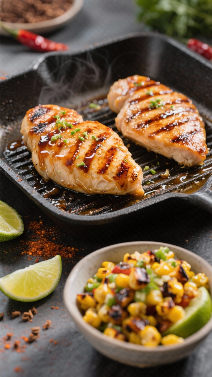 45-degree action shot on grill pan: maple chili lime chicken cutlets with caramelized grill marks, lacquered with a sticky glaze of maple syrup, lime zest and juice, soy sauce, chili powder, and cumin; a side bowl of charred corn salsa in frame, lime wedges scattered; vibrant, zesty colors and a lively, spicy-sweet mood.