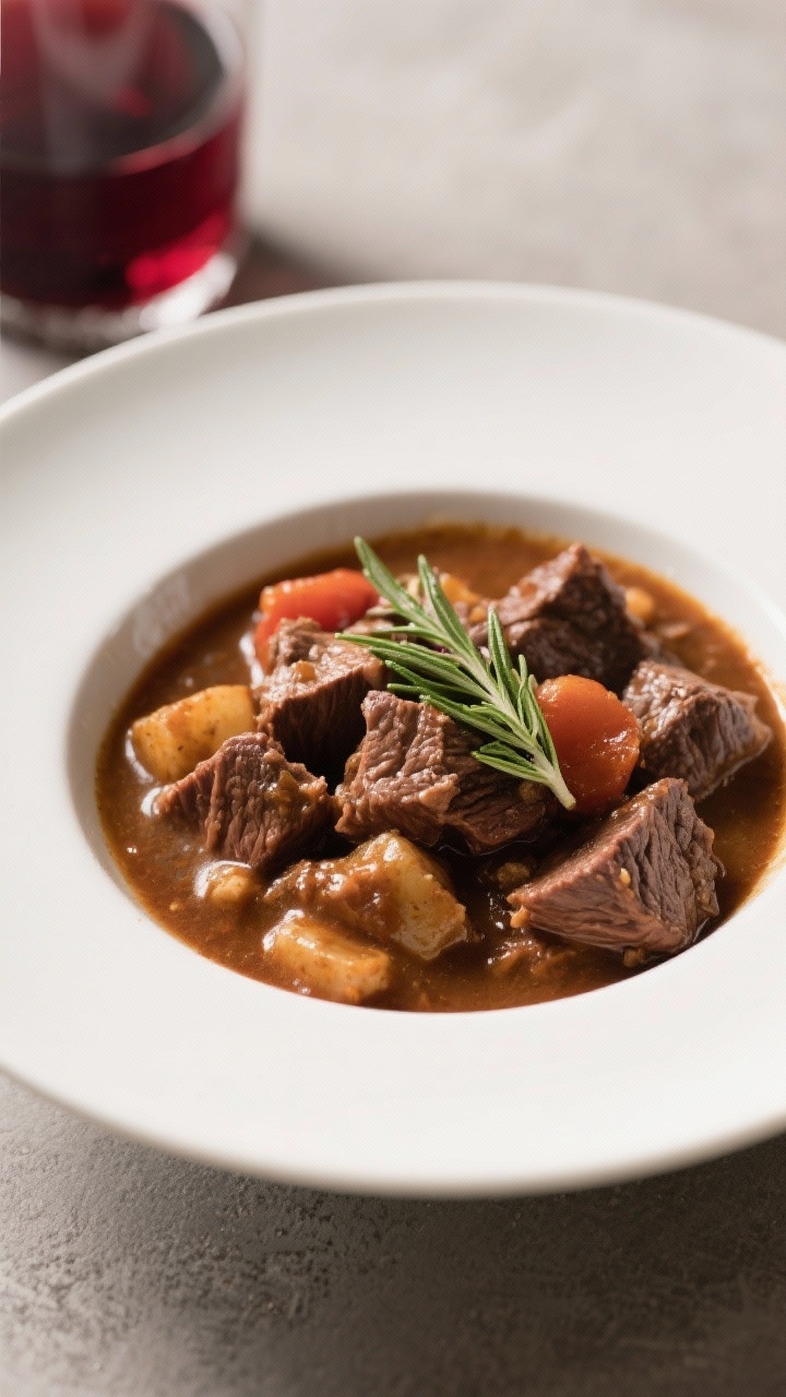 45-degree angle bowl shot of cozy beef stew with red wine and herbs: tender