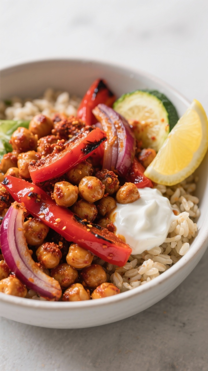 45-degree angle bowl shot of smoky harissa chickpea bowls: deeply roasted chickpeas (pat dried) coated in harissa and olive oil, with charred red bell pepper strips, red onion wedges, and zucchini half-moons; served over fluffy grains with a dollop of yogurt and lemon wedge; warm, spicy color palette of reds and ambers, crisp textures emphasized, clean modern styling.