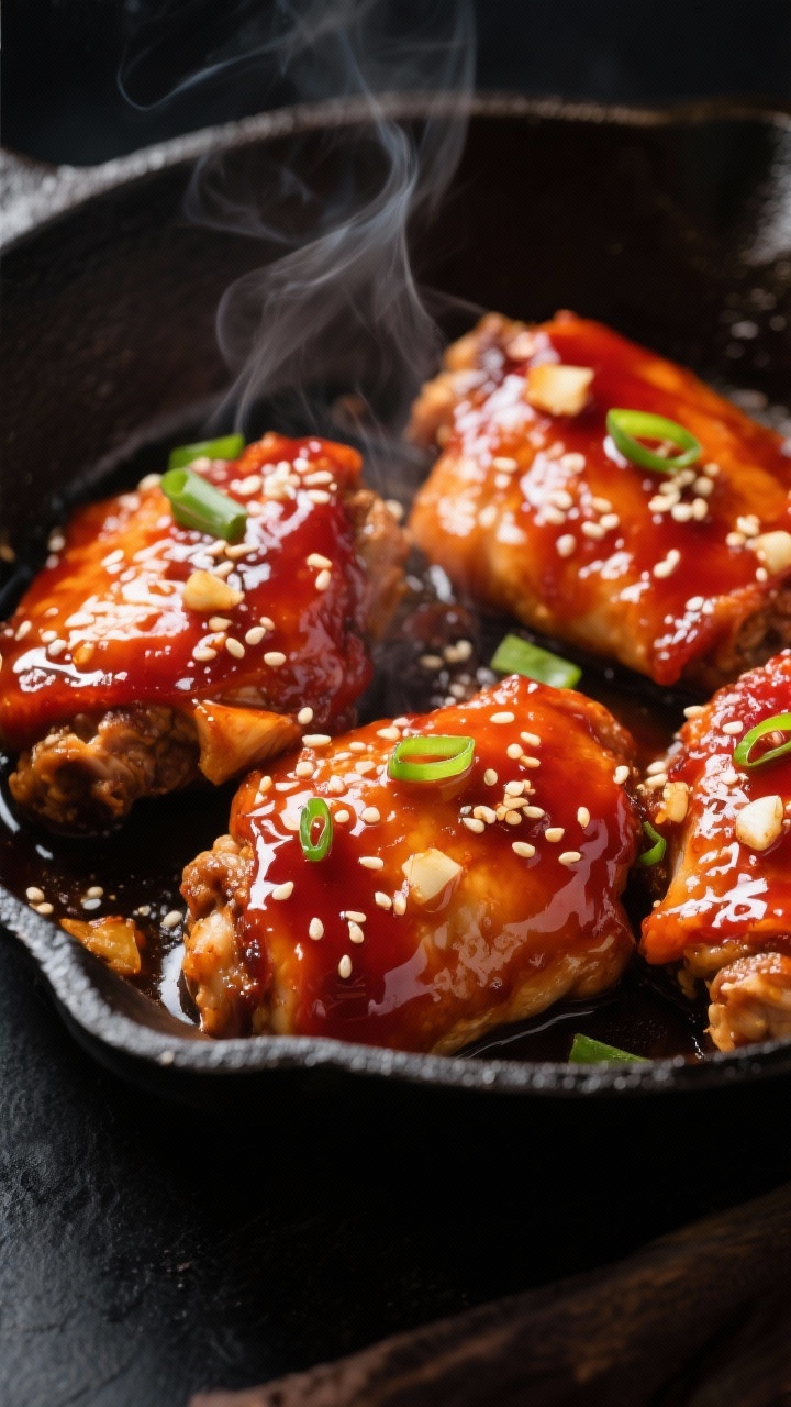 45-degree angle close-up of sticky gochujang-glazed boneless chicken thighs in a cast-iron skillet, sauce glossy with honey and soy, flecks of minced garlic and grated ginger clinging to the surface; sesame oil sheen, steam rising; sprinkled with sesame seeds and thin scallions for pop, deep red-orange tones against a dark moody background.