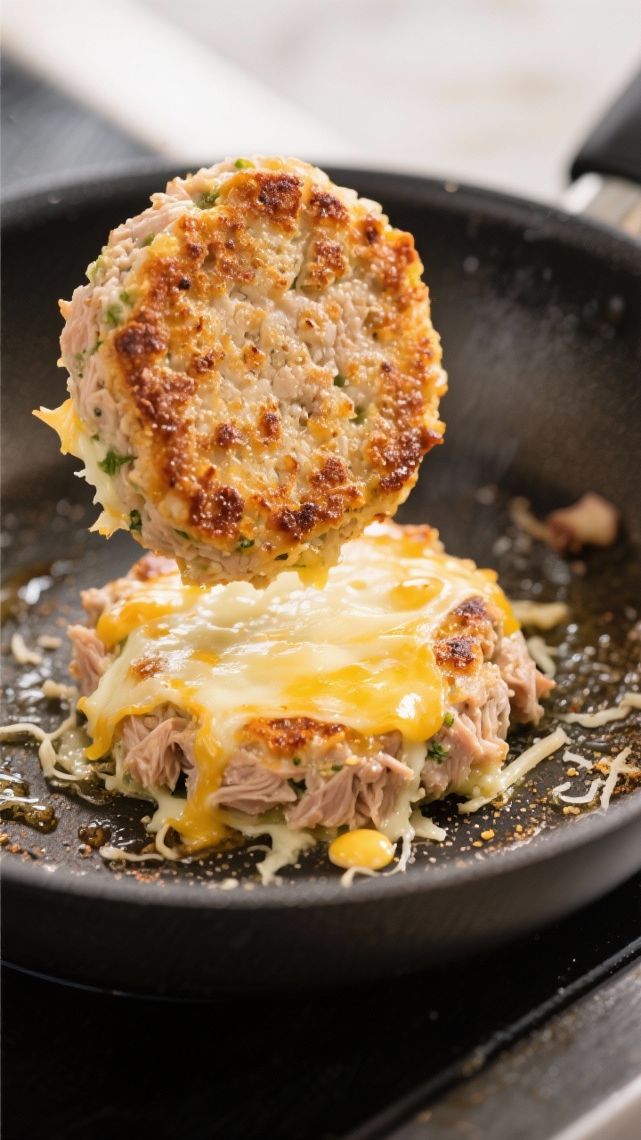 45-degree angle close-up of tuna melt patties sizzling in a nonstick pan: patties formed from well-drained tuna, egg, shredded mozzarella, grated Parmesan, Dijon, garlic and onion powder; edges crisped with frico-like cheese lace; one patty flipped to show a golden, crunchy crust; minimal props, focus on texture and cheese crisp with tiny browned bubbles.