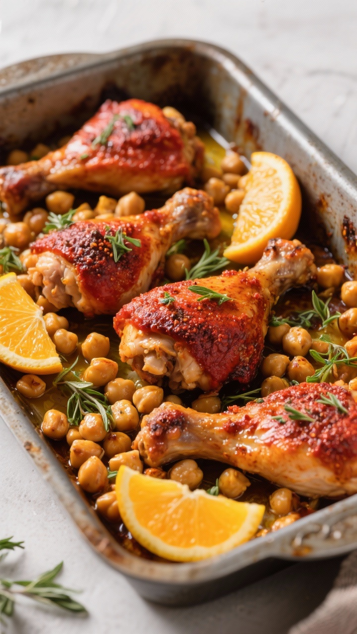 45-degree angle of baked harissa chicken thighs with chickpeas and citrus in a roasting pan: thighs burnished red from harissa, cumin, and smoked paprika; chickpeas roasted until blistered, orange and lemon slices tucked around, olive oil sheen; sprinkled with fresh herbs, warm, rustic styling to evoke North African flair.