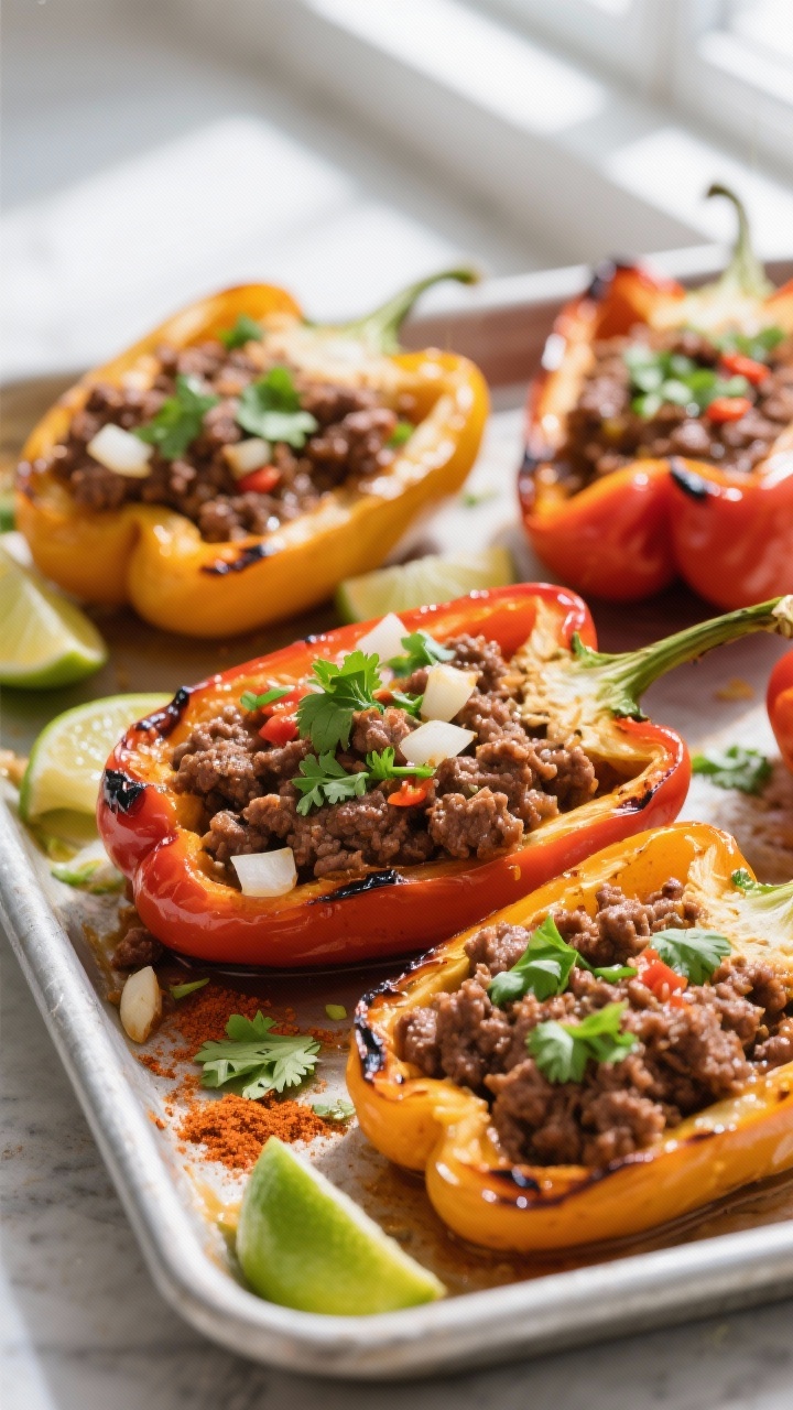 45-degree angle of chili-lime beef stuffed peppers on a baking tray: halved bell peppers roasted tender and filled with lean ground beef sautéed with diced onion, garlic, chili powder, ground cumin, smoked paprika, and a squeeze of lime. Slight char on pepper edges, garnished with chopped cilantro and lime zest. Bright, punchy colors under natural window light.