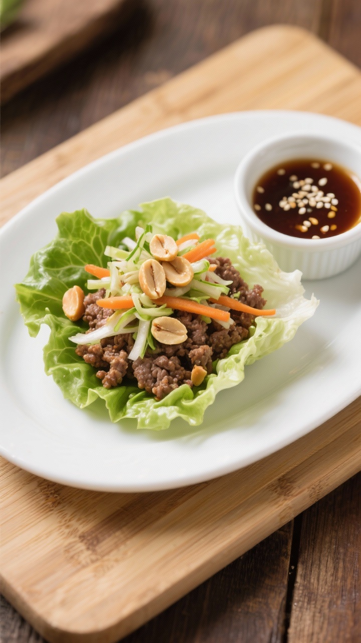 45-degree angle plated Lean Beef Lettuce Wraps: extra-lean ground beef seasoned with low-sodium soy sauce, hoisin, rice vinegar, sesame oil, garlic, and fresh ginger nestled in crisp butter lettuce cups; topped with crunchy peanut slaw (shredded cabbage, carrots, crushed peanuts) and a sprinkle of sesame seeds; small ramekin of dipping sauce on the side; clean white plate on a bamboo board, soft side lighting for glossy highlights