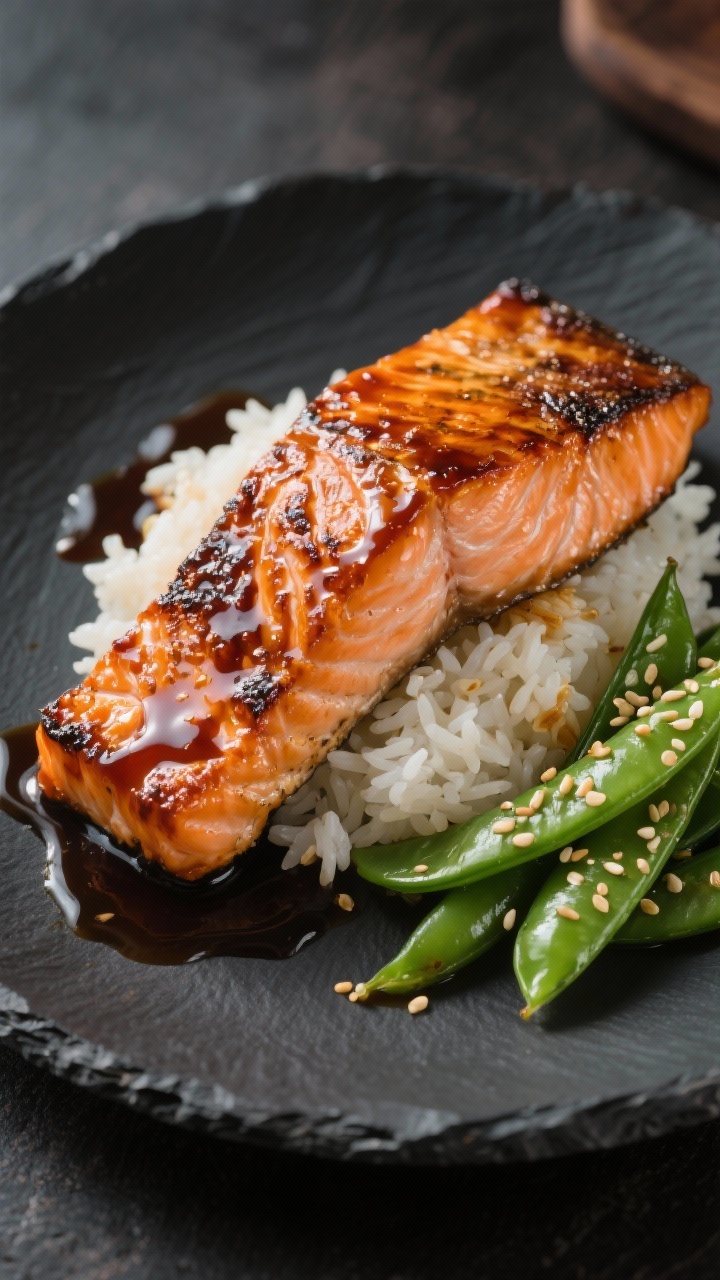 45-degree angle plated presentation: honey-soy glazed salmon fillet, skin-on and lacquered with a glossy glaze of low-sodium soy sauce, honey, rice vinegar, sesame oil, minced garlic, and grated ginger; served over fluffy jasmine rice with a side of quick sautéed snap peas, sprinkled with toasted sesame seeds; glaze pooling lightly on the plate, dramatic side light highlighting sticky sheen and charred edges, dark slate plate for contrast.