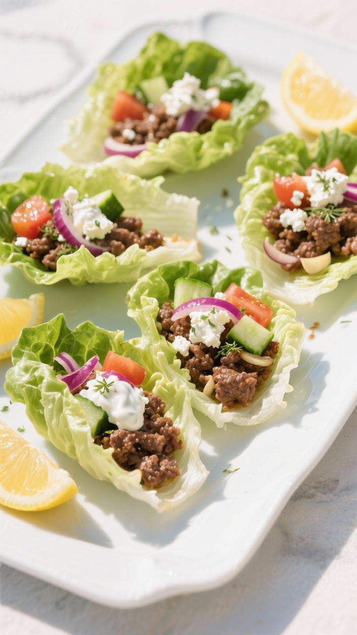 45-degree angle plated presentation of Greek beef lettuce wraps: crisp romaine or butter lettuce cups filled with lean ground beef sautéed with finely chopped red onion, garlic, dried oregano, ground cumin, coriander, and kosher salt. Topped with crumbled feta, diced cucumber and tomato, and a drizzle of tzatziki-style yogurt. Bright, sunlit Mediterranean mood on a white ceramic platter with lemon wedges.