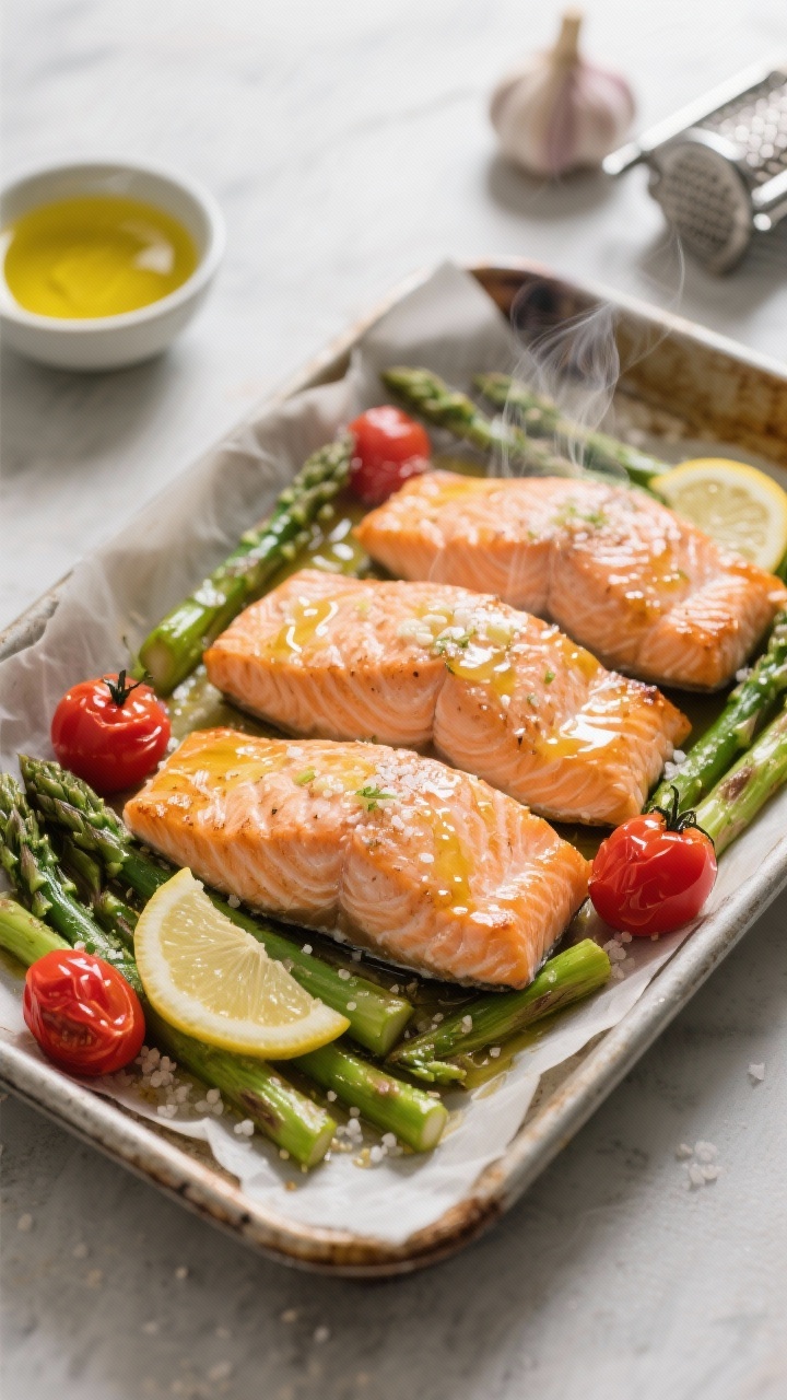 45-degree angle plated presentation of one-pan garlic butter salmon: four skin-on salmon fillets with glossy ghee-garlic glaze, nestled among snappy asparagus spears and burst cherry tomatoes. Thin lemon slices tucked between fillets, a light drizzle of olive oil and sea salt crystals visible. Steam gently rising, flaky salmon detail, vibrant reds and greens. Served on a parchment-lined rimmed tray with a small bowl of melted ghee and a garlic press in the background.