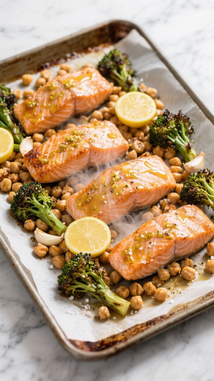 45-degree angle sheet pan scene: four skin-on salmon fillets brushed with lemon-dijon glaze, nestled among extra-dry chickpeas roasted to deep golden crispness and tender, blistered broccolini tips; a dusting of garlic powder and flaky salt visible; lemon rounds tucked between pieces, micro steam rising; baked-on caramelization at the salmon edges; photographed on parchment-lined sheet pan over a cool marble counter for contrast.