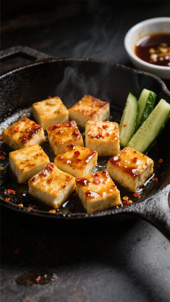 45-degree angle shot of one-pan honey-soy halloumi bites sizzling in a black skillet: 1-inch cubes of golden, caramelized halloumi glazed with a glossy mix of honey, soy sauce, rice vinegar, and crushed red pepper; a small bowl of sauce and sliced cucumber batons on the side for a fresh crunch; dramatic side lighting to emphasize the sticky sheen and browned edges.