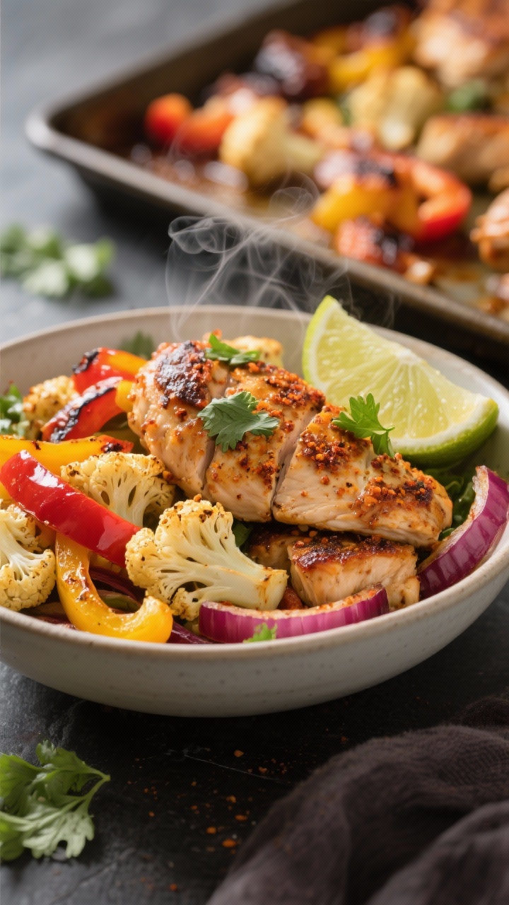 45-degree bowl build of roasted taco-spiced chicken and veggie bowls: juicy chunks of boneless chicken thighs coated in taco seasoning, roasted until caramelized; cauliflower florets roasted golden; ribbons of red and yellow bell peppers and soft charred red onion slices. Composed in a wide shallow bowl with a lime wedge and a sprinkle of fresh cilantro, steam rising. Sheet pan with remaining roasted components blurred in the background, emphasizing bold colors and crisp-roasted textures.