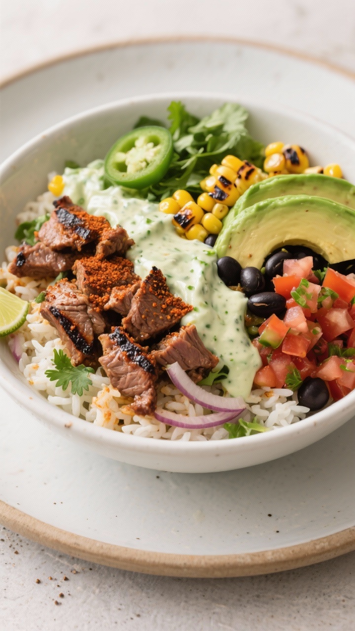 45-degree burrito bowl build: fire-roasted carne picada with charred edges (seasoned with chili powder, cumin, chipotle powder/smoked paprika, kosher salt, black pepper, sautéed onion) over cilantro-lime rice; topped with a drizzle of creamy jalapeño ranch, roasted corn, black beans, pico de gallo, and avocado slices; smoky grill marks and vibrant greens; clean, modern plating.