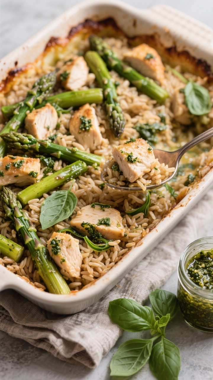 45-degree casserole bake of Herb-Pesto chicken, asparagus, and brown rice: bite-size chicken pieces and long-grain brown rice baked until tender, tossed with basil pesto ribbons, bright asparagus pieces peeking through; rustic bubbling edges, a spoon lifting a portion to show texture; placed on linen with a small jar of pesto and basil leaves nearby for an herby, wholesome mood.