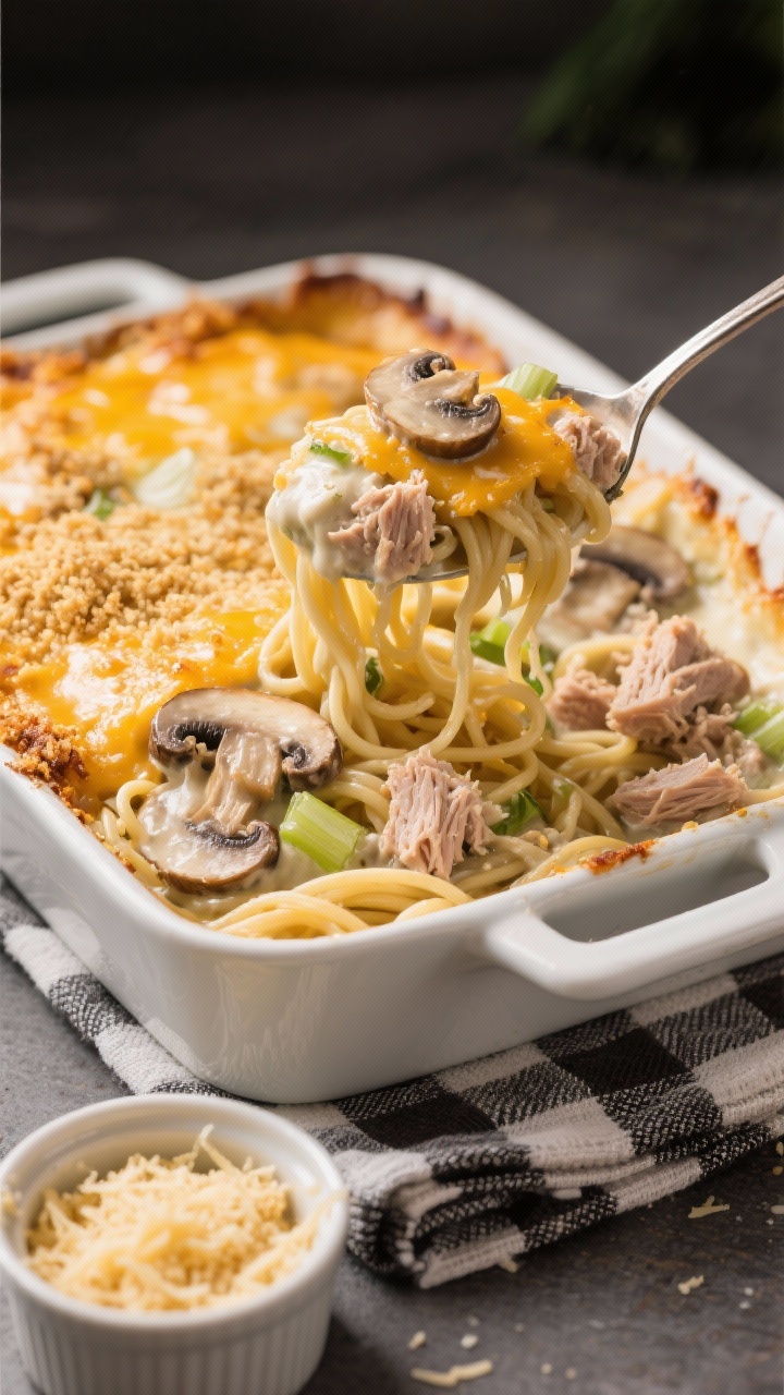 45-degree casserole pull-away: upgraded cheesy tuna noodle bake with egg noodles coated in a creamy mushroom-onion-celery-garlic sauce, golden bubbly cheese on top, and crunchy breadcrumb topping. A serving spoon lifts a portion to show stretch and texture: tuna chunks, cremini mushroom slices, and sauce clinging to noodles. Baking dish on a checkered towel, a ramekin of breadcrumbs and grated cheese in frame.