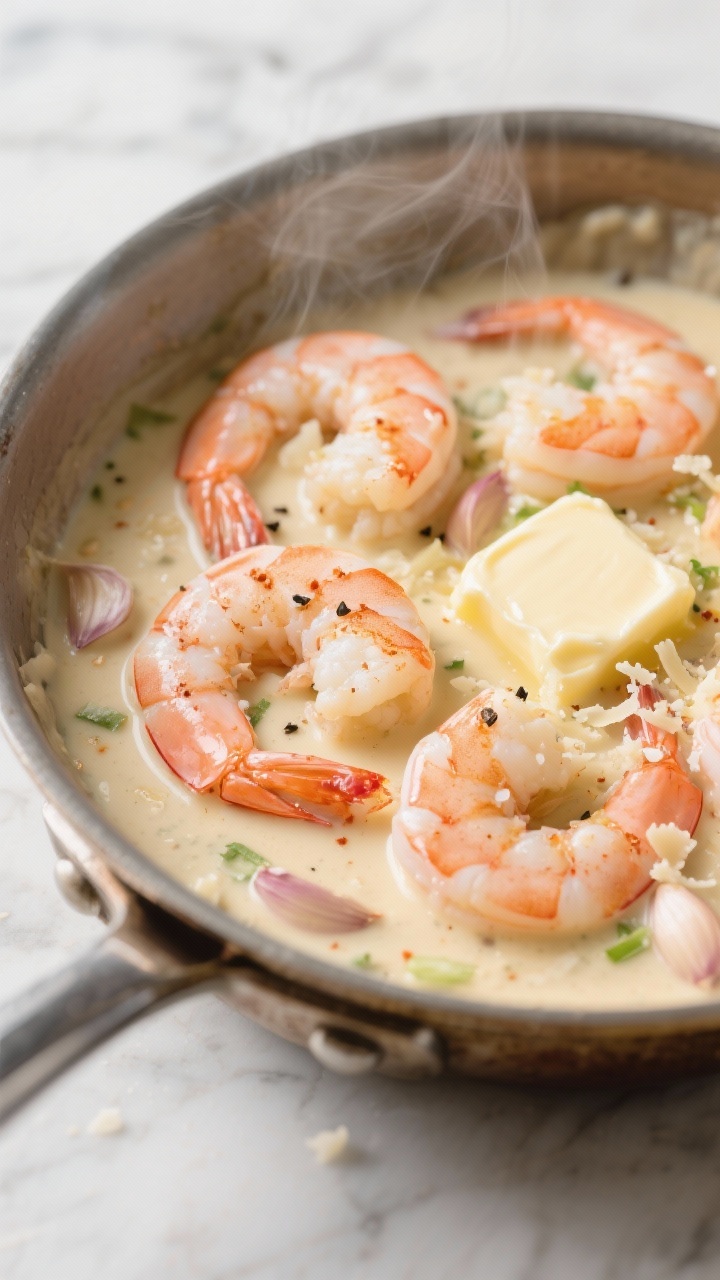45-degree close-up of a creamy garlic shrimp skillet: large shrimp curled and pink, speckled with kosher salt, black pepper, and a whisper of paprika, swimming in a velvety butter-heavy cream sauce; minced garlic and grated Parmesan melting into the sauce, gentle steam rising; presented in a stainless skillet on a light marble surface, with a butter pat mid-melt for extra gloss.