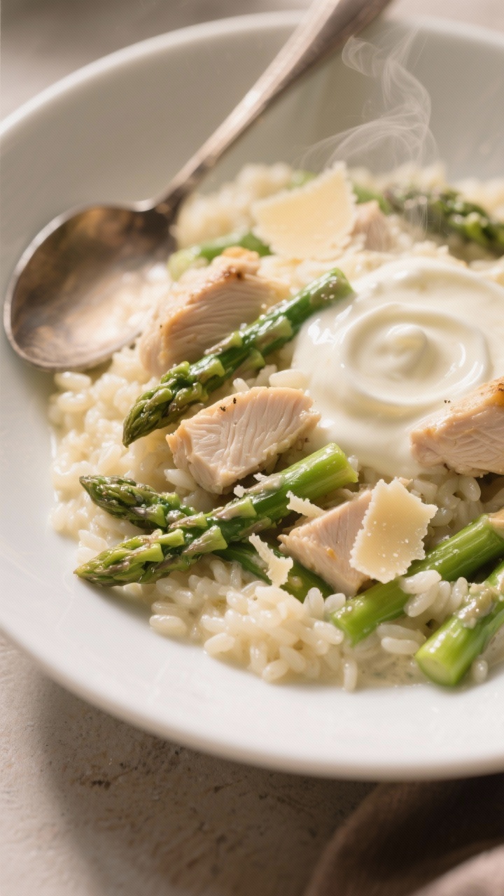 45-degree close-up of a creamy Parmesan “risotto-style” chicken, asparagus, and rice in a shallow white bowl: tender diced chicken thighs folded through glossy arborio rice, creamy milk-enriched sauce, shards of Parmesan melting, vibrant asparagus pieces, and a swirl of extra cream; warm, cozy lighting with a spoon resting on the rim, subtle steam emphasizing the velvety texture.