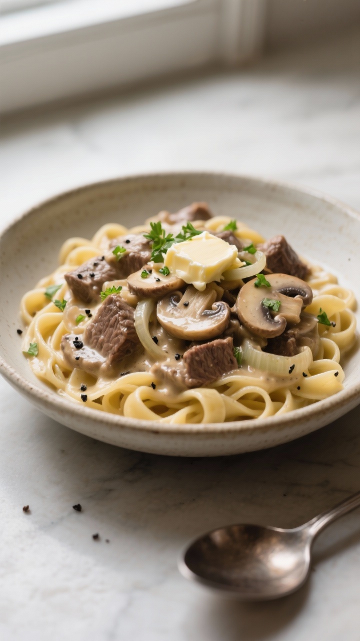 45-degree close-up of Creamy Mushroom Stroganoff: fall-apart beef stew meat nestled in a silky mushroom sauce with sliced cremini and onions, enriched with butter; served over buttered egg noodles in a shallow ceramic bowl; black pepper speckles and chopped parsley on top; soft window light highlighting creaminess, a pat of melting butter in frame, spoon resting nearby.