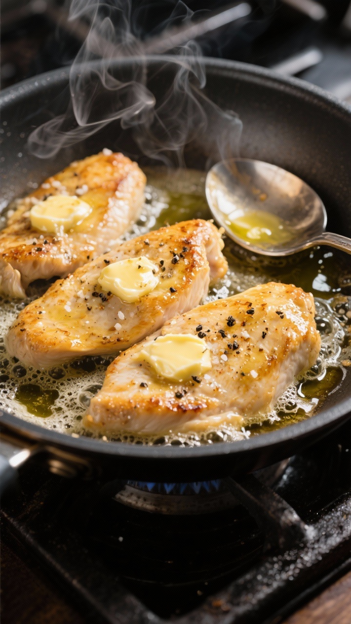 45-degree close-up of juicy stove-top butter-basted chicken cutlets in a sizzling stainless skillet: four golden cutlets with a glossy butter sheen, flecks of kosher salt, black pepper, and garlic powder visible; foaming pools of butter and a sheen of olive oil around the edges, steam rising, with basting spoon resting on the rim for a dynamic, in-the-moment cook shot.