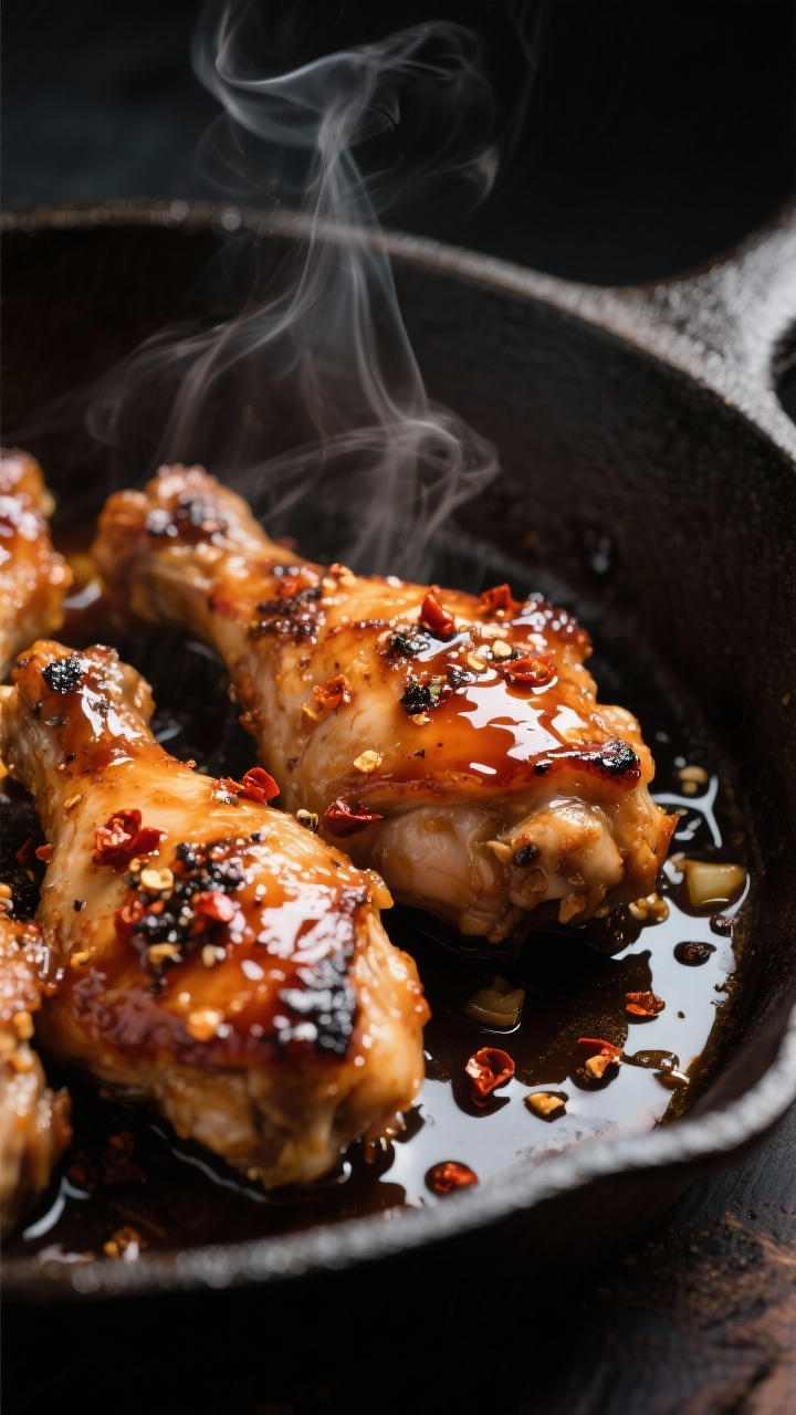45-degree close-up of sticky honey-garlic chicken thighs with charred edges in a cast-iron skillet, lacquered with a glossy honey–soy–rice vinegar glaze, chili flakes and cracked black pepper flecked on the skin; sauce pooling and clinging to crispy skin, steam rising, dark moody background to highlight the mahogany glaze.
