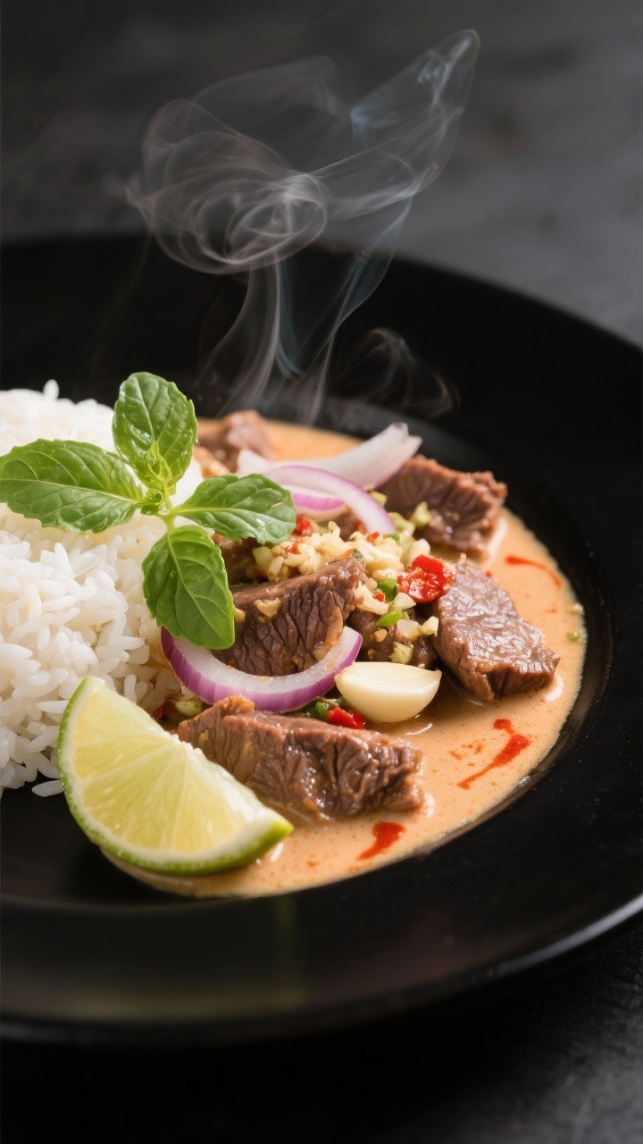 45-degree close-up of Thai-Style Coconut Curry Beef: succulent beef pieces in a silky, pale-orange coconut curry with sliced onion, minced garlic, grated ginger, and visible red curry paste streaks; served with jasmine rice, lime wedge, and Thai basil leaves; gentle steam rising, glossy coconut sheen, placed on a matte black plate for bold color contrast.