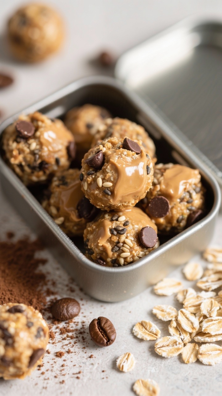 45-degree macro shot of peanut butter espresso energy bites piled in a small tin: round bites speckled with oats, chia seeds, ground flax, and mini chocolate chips, a subtle espresso powder dusting visible; glossy peanut butter sheen, a few scattered oats and coffee beans around the tin, soft afternoon light capturing chewy texture and chocolate highlights, travel-ready vibe.