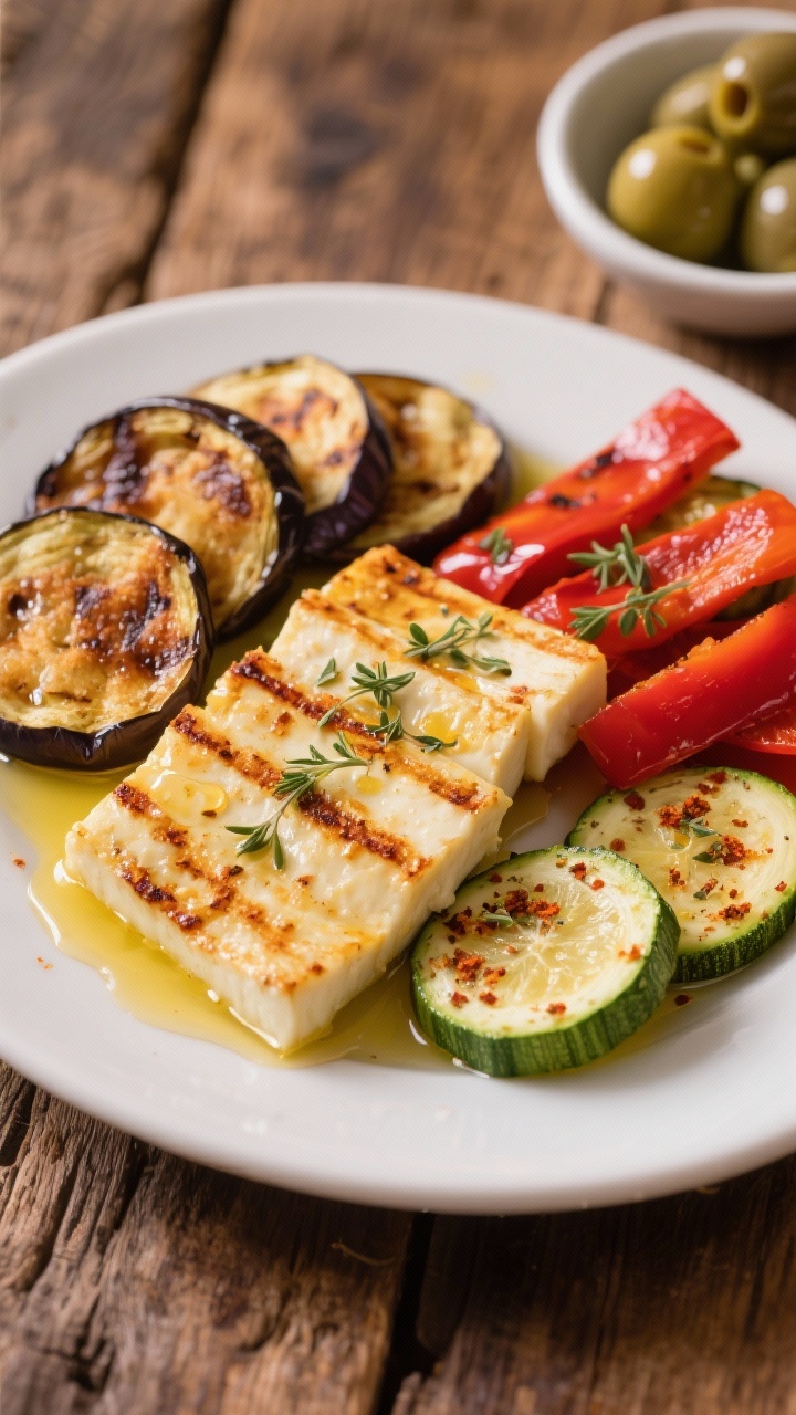 45-degree mezze plate: golden-seared halloumi slices with grill marks alongside air-fried eggplant rounds, thick red bell pepper strips, and zucchini coins; all brushed with olive oil, sprinkled with dried oregano and a whisper of smoked paprika; finished with a glossy honey-lemon drizzle; small bowl of olives in background, rustic wood table, inviting warmth.