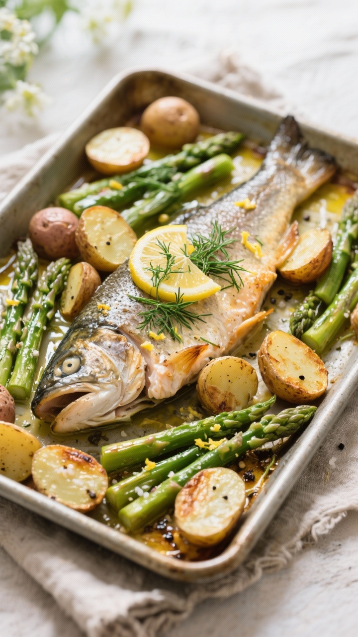45-degree one-pan bake of lemon-dill trout with roasted potatoes and asparagus: a large skin-on trout fillet crowned with fresh dill and lemon zest, surrounded by halved baby potatoes and bright asparagus spears; olive oil glisten, kosher salt and black pepper visible; caramelized edges on potatoes, served on a sheet pan placed on a rustic linen, clean springtime lighting.