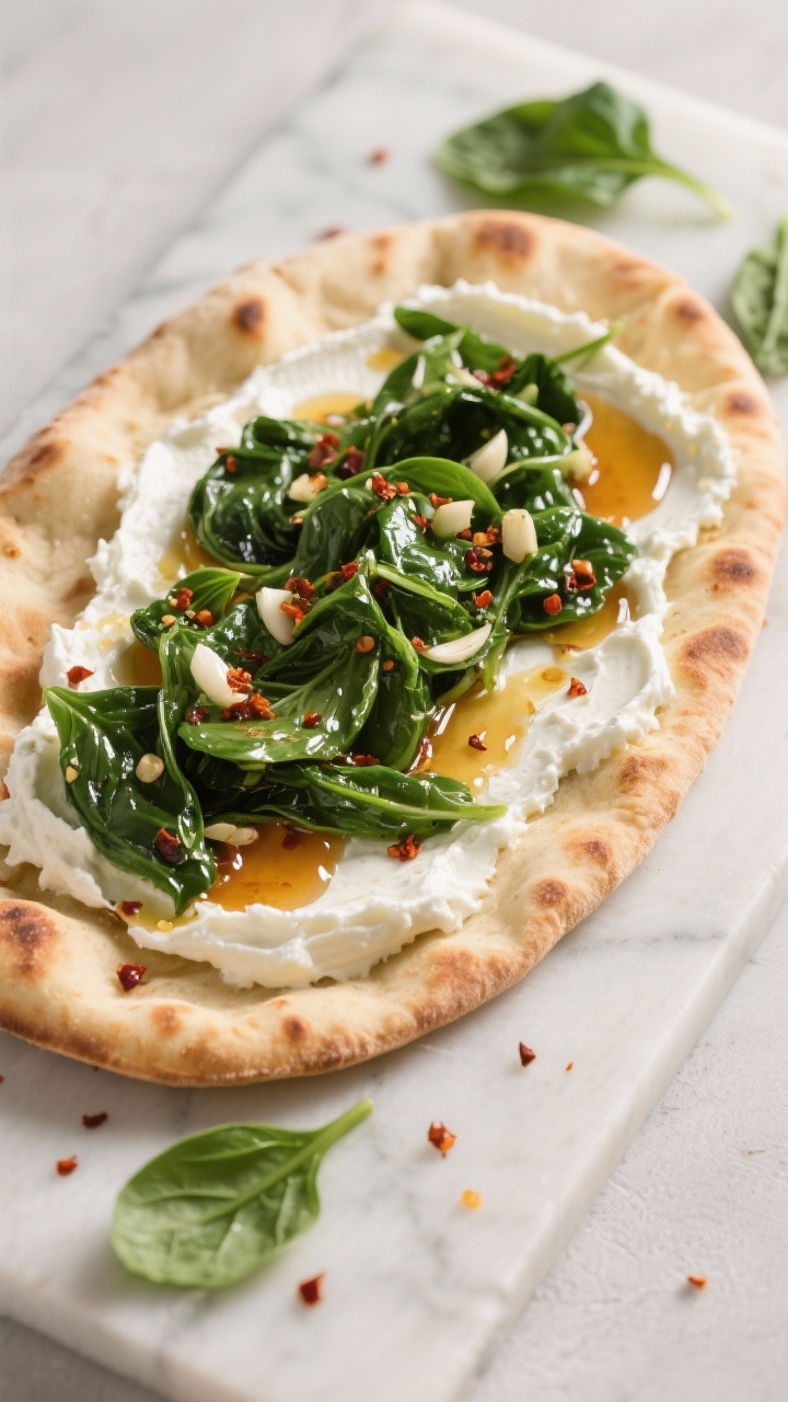 45-degree plated shot of hot honey ricotta flatbread: warm naan spread with whipped ricotta, garlicky sautéed baby spinach glistening in olive oil, and a visible drizzle of hot honey; edges lightly blistered, chili flakes from the hot honey sparkling, a few extra spinach leaves scattered on the board; clean, modern styling.