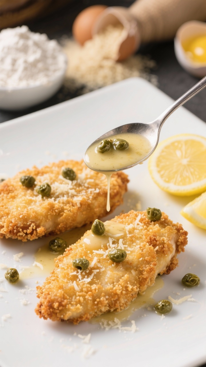 45-degree plated shot of Parmesan panko crusted chicken with lemon caper drizzle: two golden, shatteringly crisp cutlets on a white plate, visible panko and Parmesan texture; thin lemon-caper sauce spooned over, capers dotted across the crust, with lemon wedges on the side; flour, beaten eggs, and remaining breadcrumbs blurred in the background to imply the dredge setup.