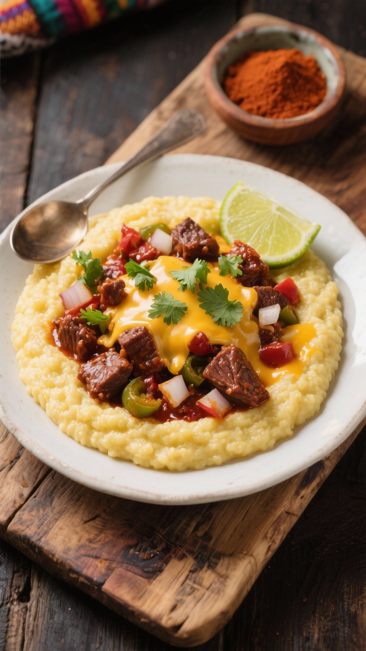 45-degree plated Tex-Mex Chile Beef with Cheesy Grits: deep red-chile beef chunks with diced onion, poblano, and garlic spooned over ultra-creamy yellow grits with melted cheese pull; garnished with chopped cilantro and a lime wedge off to the side; vibrant color pop, warm Southwestern styling on a rustic wood board with a small bowl of chili powder in frame.