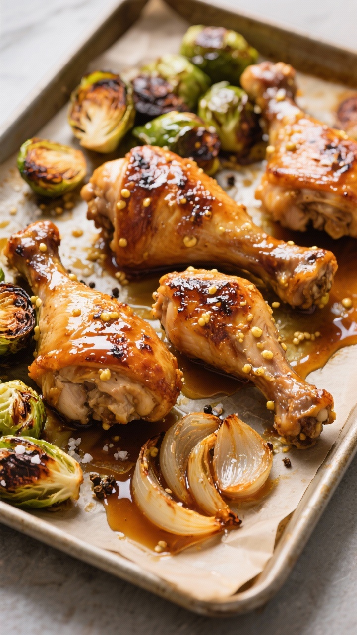 45-degree sheet-pan scene of maple-mustard chicken with charred Brussels: drumsticks lacquered in glossy maple syrup and Dijon mixture, shallot wedges caramelized, Brussels sprouts deeply charred and crispy; olive oil glisten, kosher salt and cracked pepper visible; sticky drips on parchment, warm amber tones for a hearty, autumnal feel.