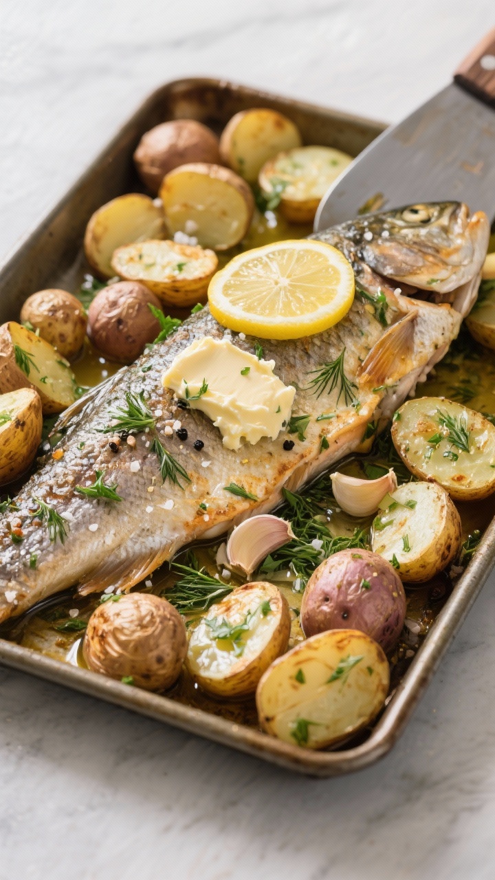 45-degree sheet-pan to table: garlic-herb butter baked trout fillet (skin-on) surrounded by halved baby potatoes; softened butter mixed with minced garlic, fresh dill/parsley smeared over fish, olive oil gloss on potatoes; lemon rounds layered on top, flaky sea salt and black pepper visible; blistered potato edges, herby aroma implied, served family-style on the pan with a metal spatula.