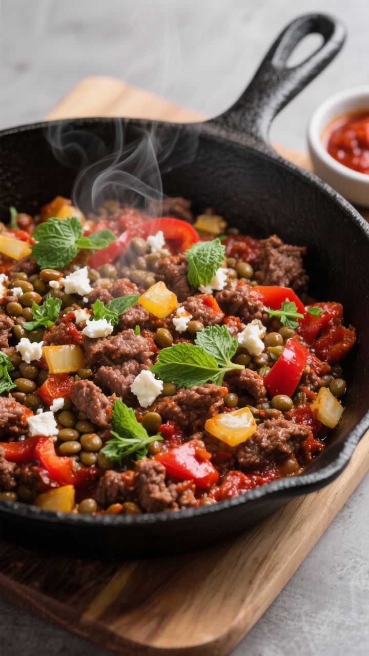 45-degree skillet shot of harissa beef and lentil mixture: lean ground beef browned with diced yellow onion, minced garlic, and red bell pepper, swirled with deep red harissa paste and cumin; tender lentils folded in, crumbled feta sprinkled over, and chopped fresh herbs (parsley and mint) adding green pops; steam rising from a black cast-iron skillet on a wooden board; small dish of harissa on the side, inviting, hearty, and rustic.