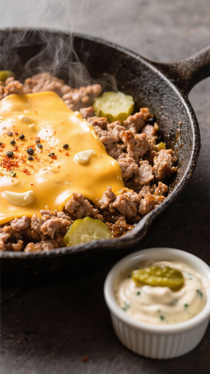 45-degree skillet shot of turkey cheeseburger skillet with pickle mayo: crumbled ground turkey browned with butter/tallow, seasoned with kosher salt, black pepper, garlic powder, onion powder, paprika, and a splash of Worcestershire; melted cheese pooled across the surface; a small ramekin of creamy pickle mayo (visible pickle flecks) set beside the skillet; vibrant, appetizing gloss and slight steam.