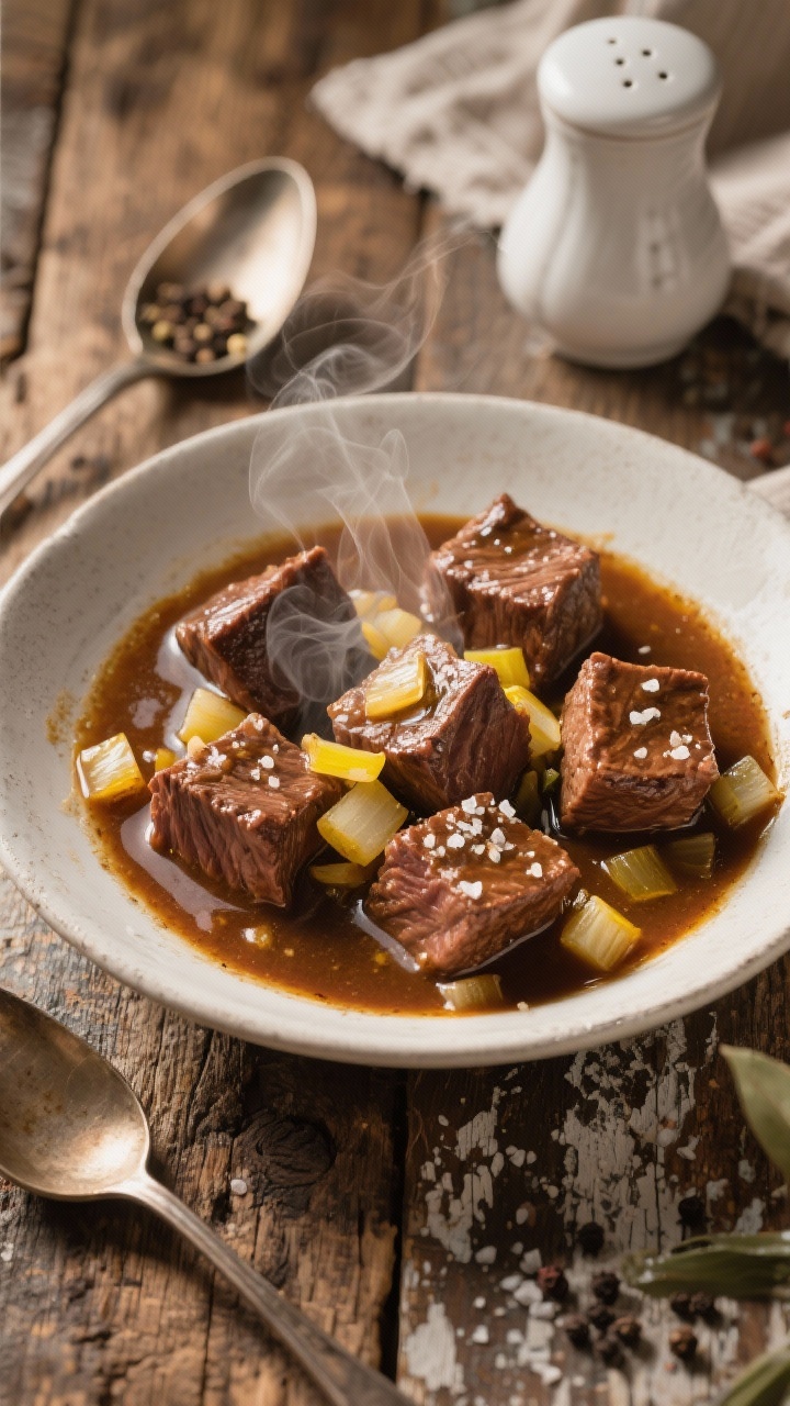 5-inch beef cubes simmered with diced yellow onion and minced garlic, flecks of kosher salt and black pepper visible on the glossy, rich brown broth; olive oil sheen catching light, steam rising; styled on a worn wooden table with a ladle, salt cellar, cracked pepper, and a folded linen, no people, warm homestyle mood.