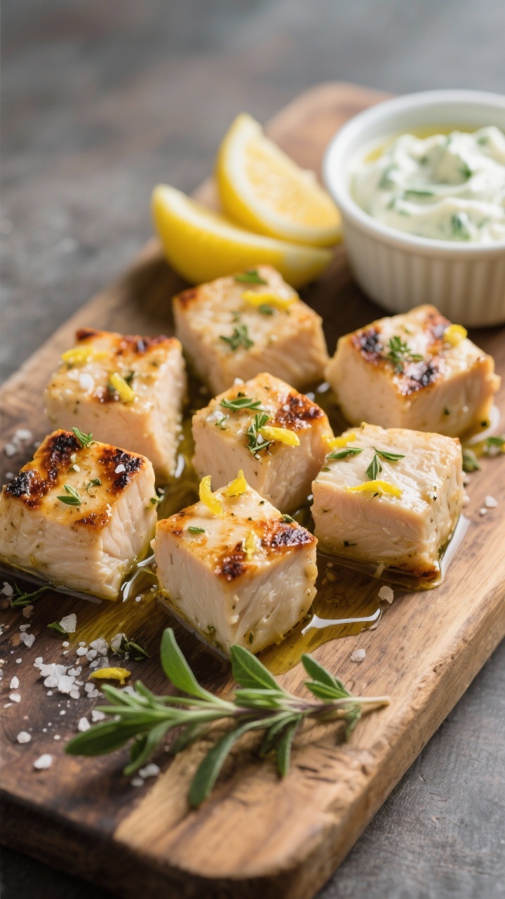 5-inch cubes of chicken breasts marinated in olive oil, lemon juice and zest, minced garlic, dried oregano, and a hint of coriander; lightly charred edges, sprinkled with sea salt; served with a side ramekin of creamy tzatziki, lemon wedges, and a few oregano leaves on a rustic board, shallow depth of field.