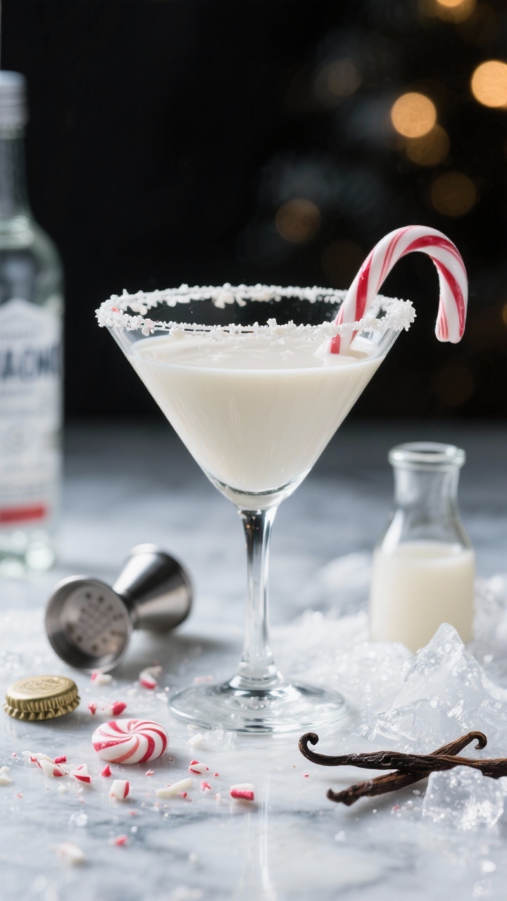 A 45-degree angle hero shot of the Classic North Pole White Chocolate Martini in a chilled martini glass with a crushed candy cane rim, creamy off-white body from half-and-half, subtle sheen from white crème de cacao, and a tiny drizzle-worthy reflection; styled on a frosty marble surface with scattered crushed peppermint, a jigger, vanilla vodka bottle cap, and a small carafe of simple syrup; ice shards glistening nearby, soft wintery bokeh lights in the background, professional studio lighting highlighting the silky texture.
