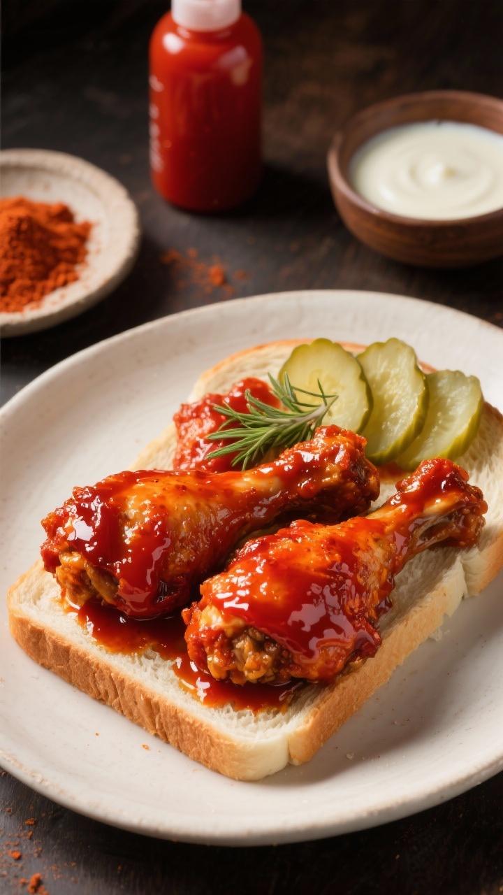 A 45-degree angle plated shot of Nashville hot chicken: fiery-red, lacquered bone-in thighs and drumsticks glistening with spicy oil, set on sliced white bread with dill pickle chips on top; heat haze subtly visible; a squeeze bottle of hot sauce and a bowl of buttermilk marinade in the background; paprika-dusted flour in a shallow dish; moody, warm lighting to highlight the sweet-heat glaze.