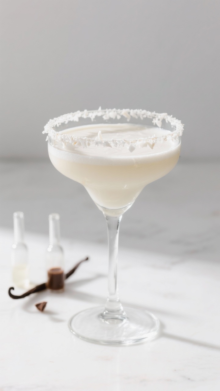 A 45-degree, clean and airy portrait of the Arctic Velvet dairy-free martini in a chilled coupe: silky, pale, plant-based white chocolate hue using clear cacao spirit or syrup blend, peppermint schnapps brightness, and frothy coconut or almond “cream” alternative; rim lightly dusted with fine coconut flakes to suggest dairy-free richness; minimalistic white-on-white styling with glass droppers of vanilla and cacao syrups, crisp natural light for a modern wellness aesthetic.