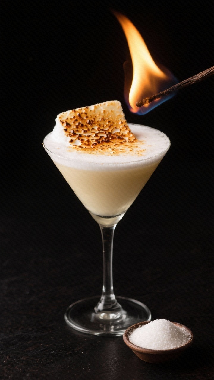 A close-up action shot of the Blizzard Brûlée Martini: a creamy, ivory cocktail (vanilla vodka, white chocolate liqueur, white crème de cacao, peppermint schnapps, heavy cream) in a coupe with a thick foam cap from pasteurized egg white; a brûléed sugar crust being torched on top, showing glossy caramelized bubbles and micro-cracks; a tiny mound of superfine sugar in a pinch bowl beside the glass, dark backdrop to dramatize the flame and caramel tones, ultra-sharp focus on the brûlée texture.