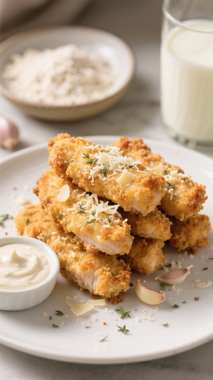 A close-up of garlic-Parmesan buttermilk tenders: juicy chicken tenders with a golden crust, speckled with finely grated Parmesan, garlic powder, and dried oregano; stacked on a white plate with a small bowl of creamy dipping sauce; a shallow bowl of seasoned flour and a glass of buttermilk marinade in soft focus; warm, inviting light that highlights the cheesy crumble.