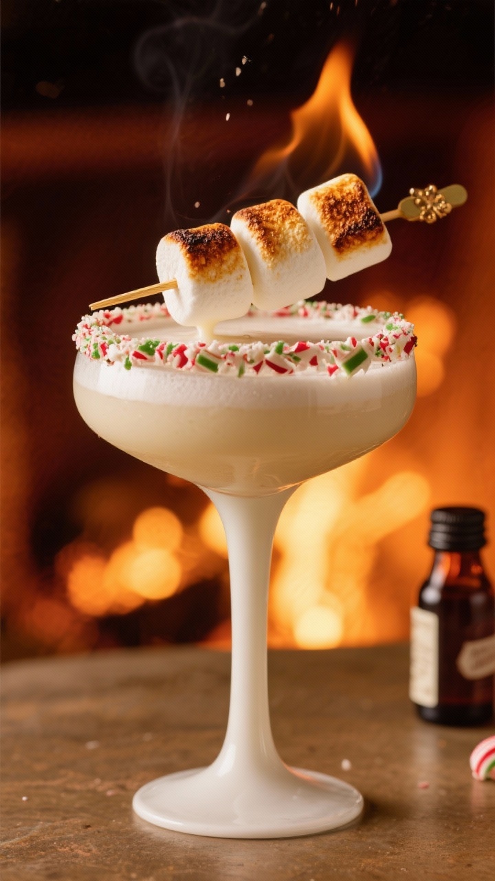 A close-up, toasty fireside vibe shot of the Alpine Fireside Toasted Marshmallow Peppermint Bark Martini in a stemmed glass with a glossy ivory finish (white chocolate liqueur, crème de cacao, peppermint schnapps, half-and-half), rim coated in crushed peppermint bark; mini marshmallows torched to golden-brown perched on a cocktail pick, faint vanilla essence implied by a tiny extract bottle in the background; warm amber lighting, hints of char and melted marshmallow texture evident.