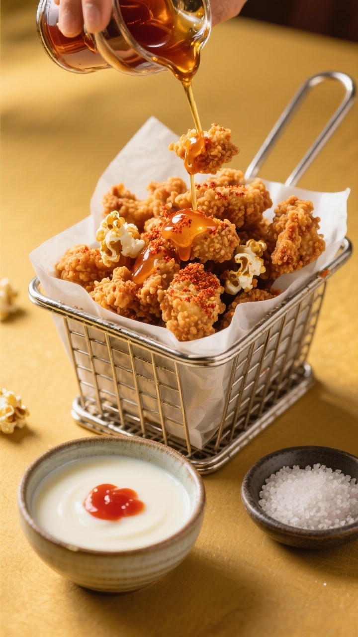 A dynamic 45-degree action shot of Tennessee-style hot honey popcorn chicken: bite-size, ruggedly crisp pieces piled in a parchment-lined metal basket, being drizzled with warm hot honey; visible paprika-cornstarch-flour crust; a bowl of buttermilk with a dash of hot sauce, and a small dish of kosher salt at the side; golden, playful lighting to emphasize sticky-sweet heat.