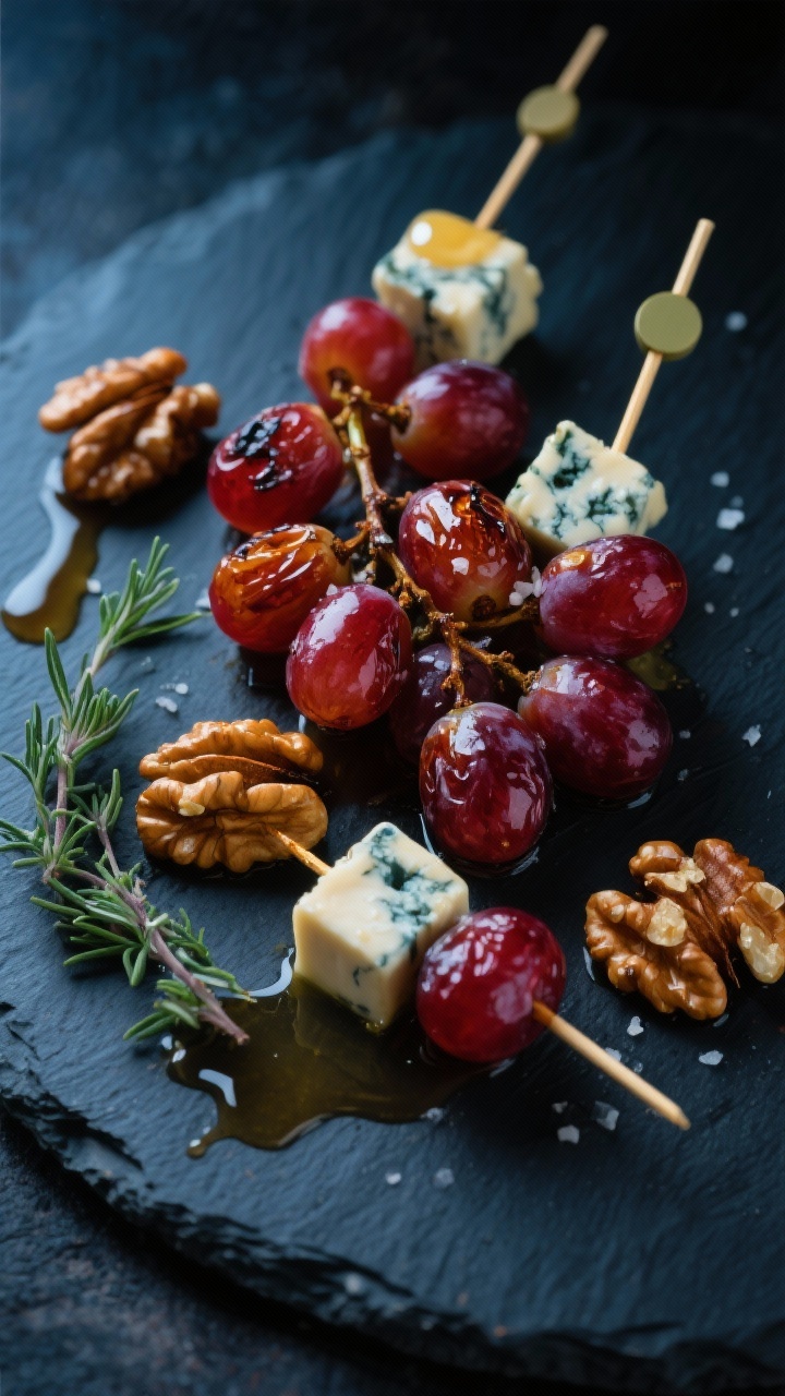 A moody overhead composition of roasted grape, blue cheese, and walnut skewers: blistered red grapes tossed with a pinch of salt and olive oil, paired with 1/2–3/4-inch blue cheese cubes and toasted walnut halves on cocktail picks; a delicate drizzle of honey and a few drops of balsamic reduction pooling on a charcoal slate, thyme sprigs for aroma, rich jewel tones and creamy blues, elegant and dramatic, no people.