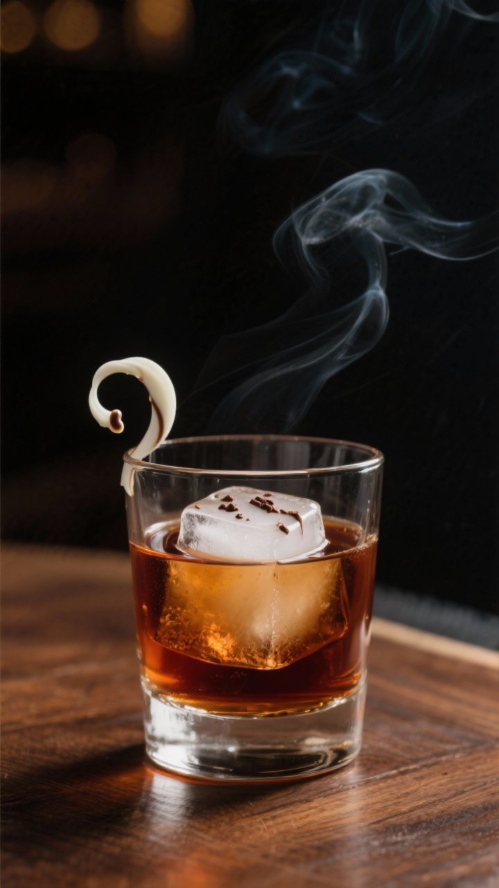 A straight-on old-fashioned glass shot for the Polar Nightcap: a short rocks glass over a single clear ice cube, deep amber bourbon or rye tinged with a pale sheen from white crème de cacao and a whisper of peppermint schnapps; two dashes of chocolate bitters expressed as delicate surface ripples; garnished with a thin white chocolate curl and a minimalist peppermint oil droplet on the rim; moody, low-key bar lighting with walnut surface and subtle smoke-like backdrop for a nightcap mood.