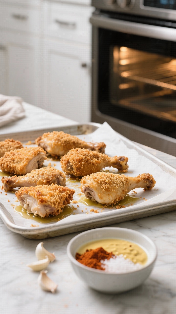 A straight-on oven-fried “weeknight cheat” scene: panko-crusted bone-in chicken arranged on a parchment-lined sheet pan, lightly misted with oil, edges toasted and crisp; a small bowl of buttermilk mixed with Dijon mustard, garlic powder, smoked paprika, and kosher salt in the foreground; oven door ajar with warm glow; clean, bright kitchen background for an approachable, weeknight mood.