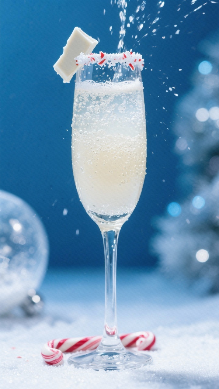A straight-on, sparkling portrait of the Snow Globe Sparkler White Chocolate Peppermint Royale: a crystal flute with a pale, pearly base (vanilla vodka, white crème de cacao, peppermint schnapps, optional white chocolate liqueur) topped with lively streams of chilled dry Prosecco; ultra-fine bubbles rising, a delicate crushed-candy-cane sugar rim, and a twist of white chocolate shard leaning on the rim; set against a cool, icy blue backdrop with holiday sparkle props kept minimal for elegance.