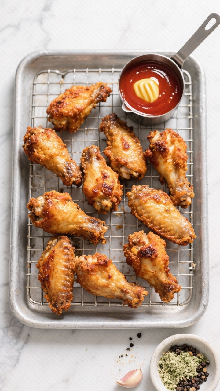 A straight-on tray shot of buttermilk oven-fried hot wings: evenly bronzed, blistered skin on a wire rack, achieved with baking powder and salt; a small saucepan of hot sauce butter (hot sauce whisked with melted butter) glistening nearby; a sprinkle of ranch-style dry seasoning dust over the wings; black pepper and garlic powder visible in a pinch bowl; clean, crisp lighting for appetizing sheen.