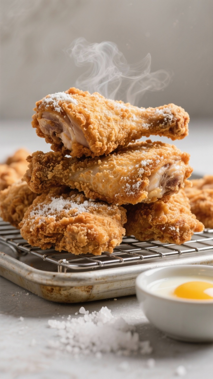 A tight close-up of extra-crispy double-dredged chicken thighs showing dramatic ridges and bubbles in the crust from flour, cornstarch, and baking powder; boneless, skin-on pieces stacked on a wire rack over a sheet pan; a small bowl of beaten egg and buttermilk nearby; salt crystals and steam rising; neutral backdrop with directional light to emphasize the shattering crunch.